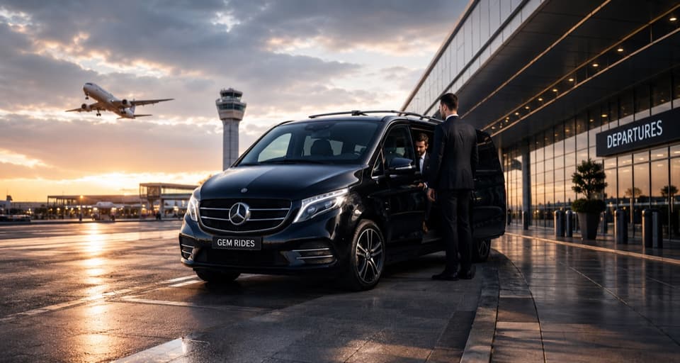 GEM Rides Mercedes V-Class chauffeur assisting an executive passenger at an airport